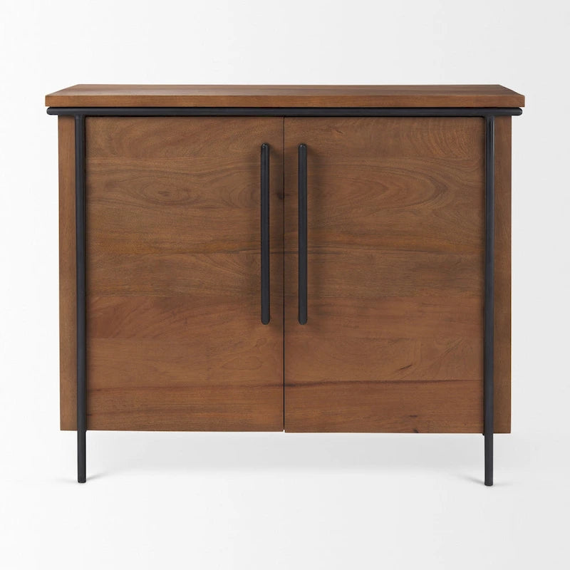 Meuble d'appoint à 2 portes en bois massif brun moyen avec cadre en fer noir