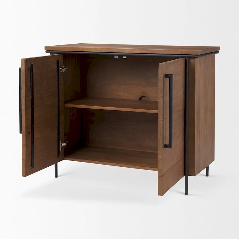 Meuble d'appoint à 2 portes en bois massif brun moyen avec cadre en fer noir