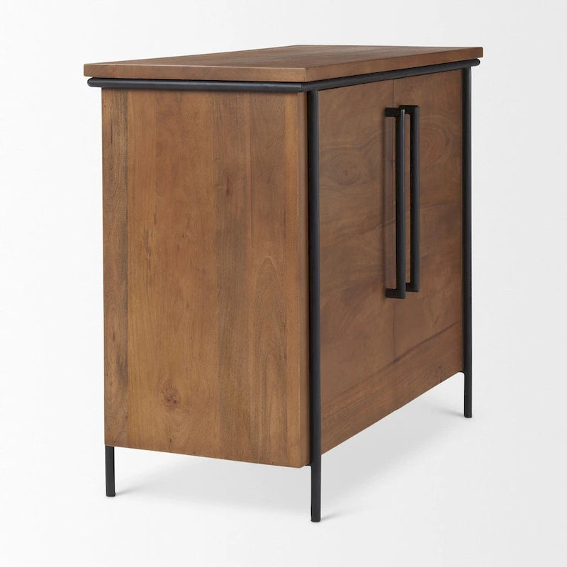 Meuble d'appoint à 2 portes en bois massif brun moyen avec cadre en fer noir