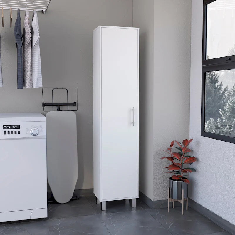 Armoire de rangement haute et étroite avec étagère à 5 niveaux et porte-balais, blanc