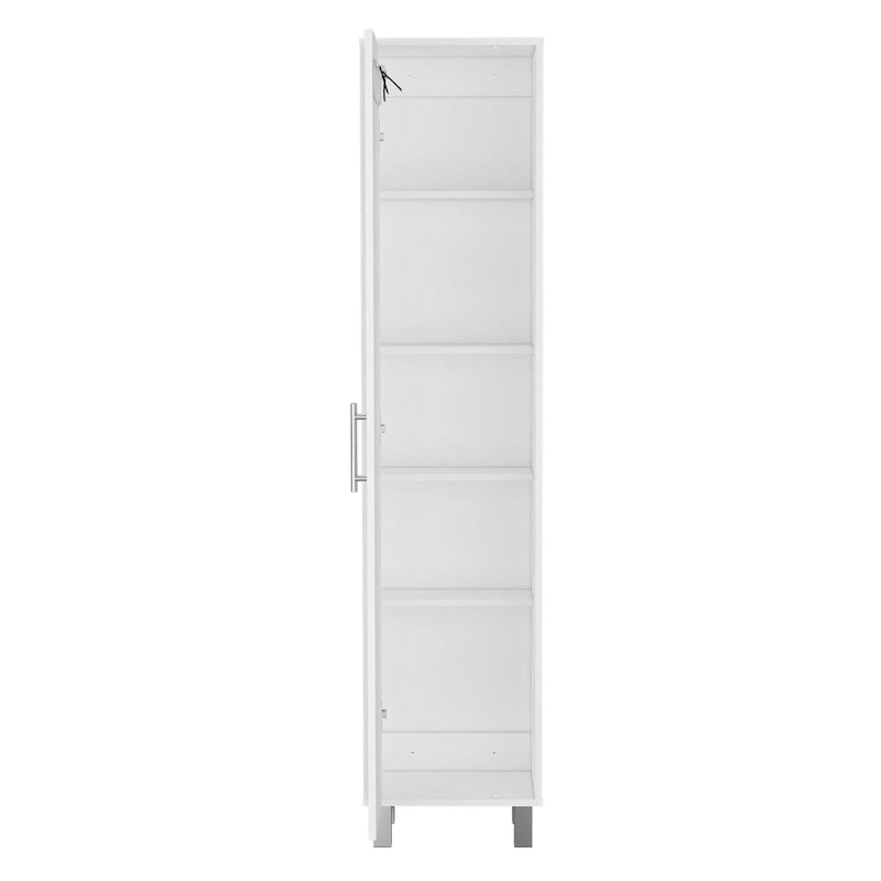 Armoire de rangement haute et étroite avec étagère à 5 niveaux et porte-balais, blanc