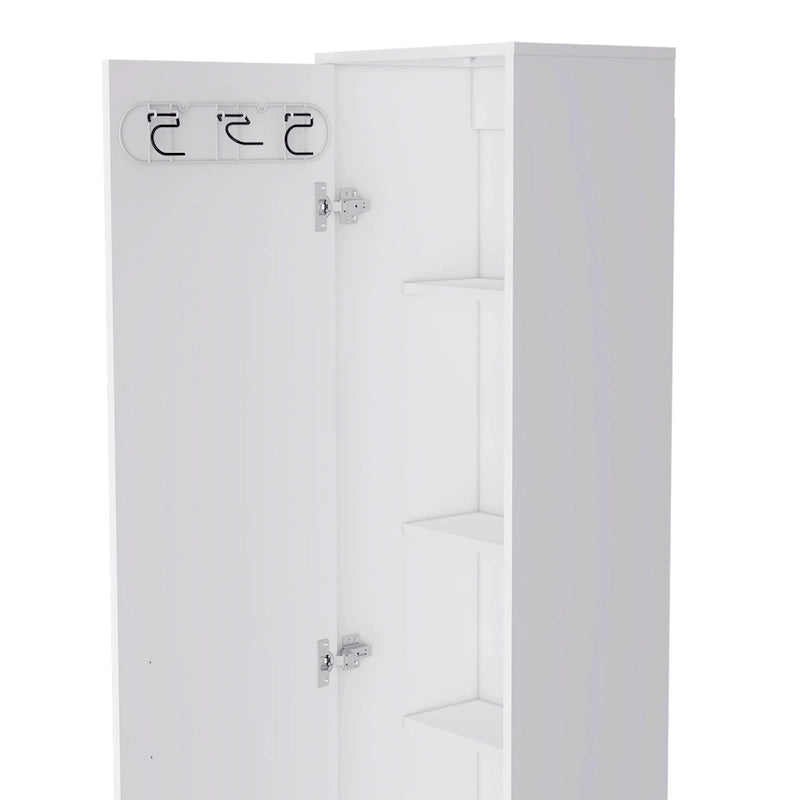 Armoire de rangement haute et étroite avec étagère à 5 niveaux et porte-balais, blanc