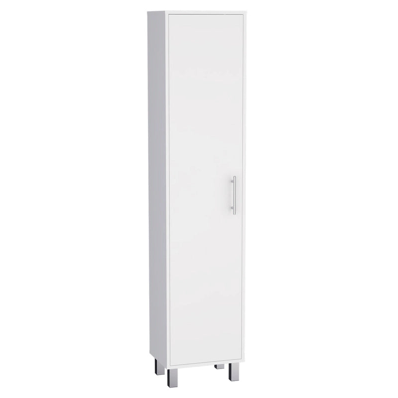 Armoire de rangement haute et étroite avec étagère à 5 niveaux et porte-balais, blanc