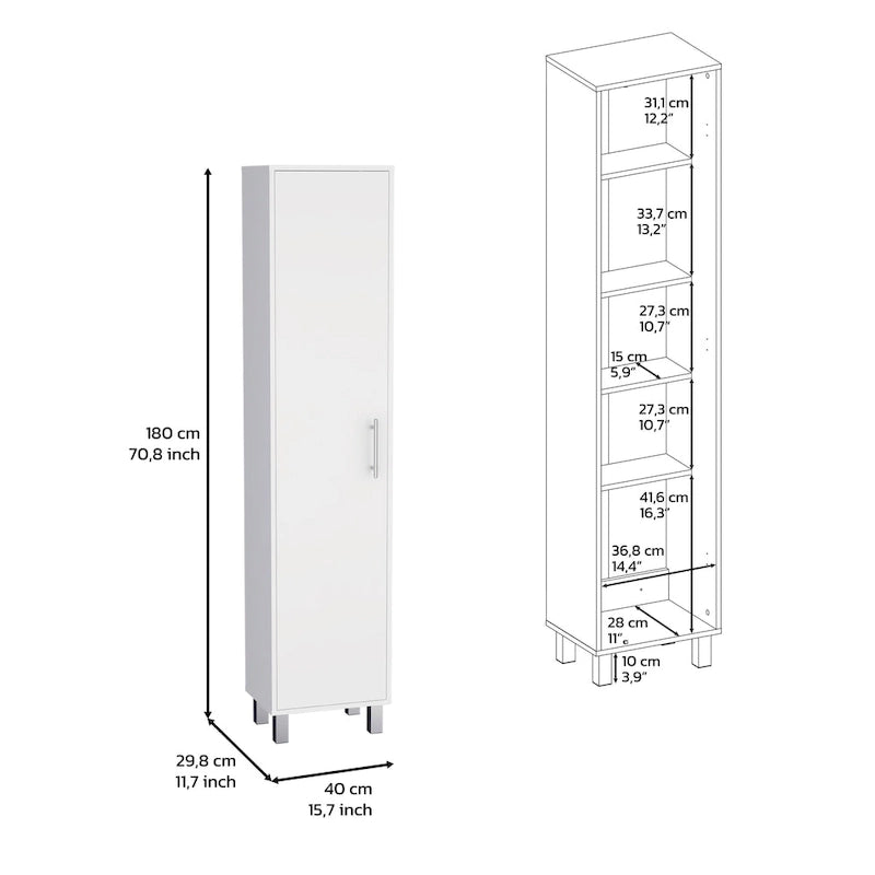 Armoire de rangement haute et étroite avec étagère à 5 niveaux et porte-balais, blanc