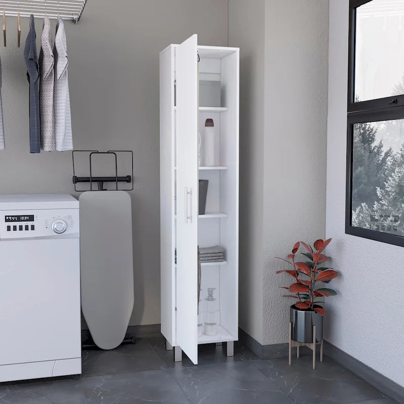 Armoire de rangement haute et étroite avec étagère à 5 niveaux et porte-balais, blanc