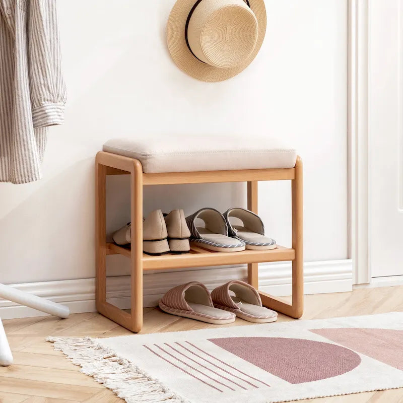Banc de rangement pour chaussures en bois massif avec assise rembourrée et étagères inférieures ouvertes
