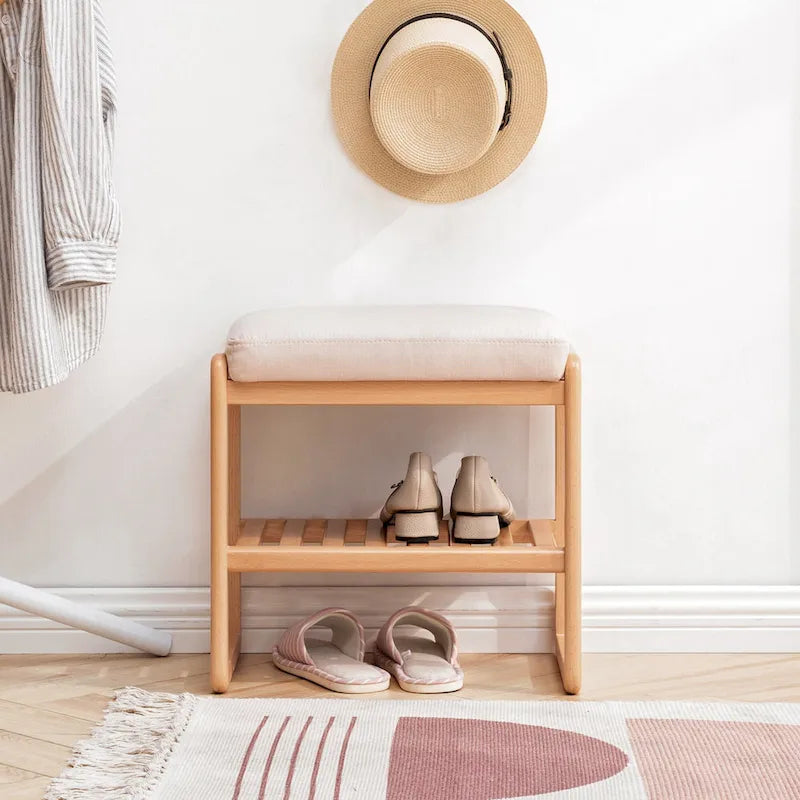 Banc de rangement pour chaussures en bois massif avec assise rembourrée et étagères inférieures ouvertes