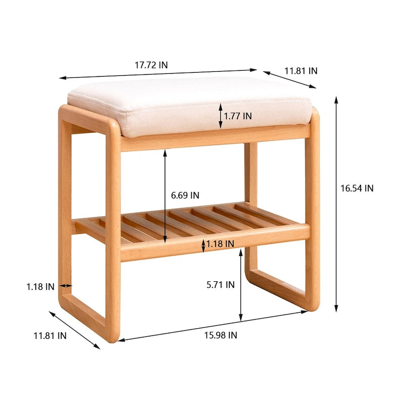 Banc de rangement pour chaussures en bois massif avec assise rembourrée et étagères inférieures ouvertes