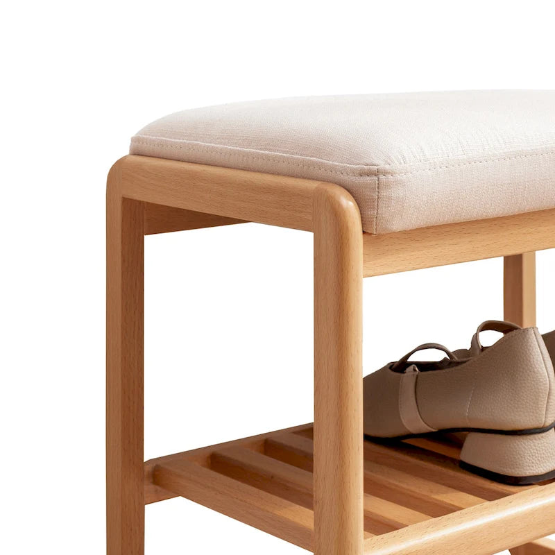Banc de rangement pour chaussures en bois massif avec assise rembourrée et étagères inférieures ouvertes