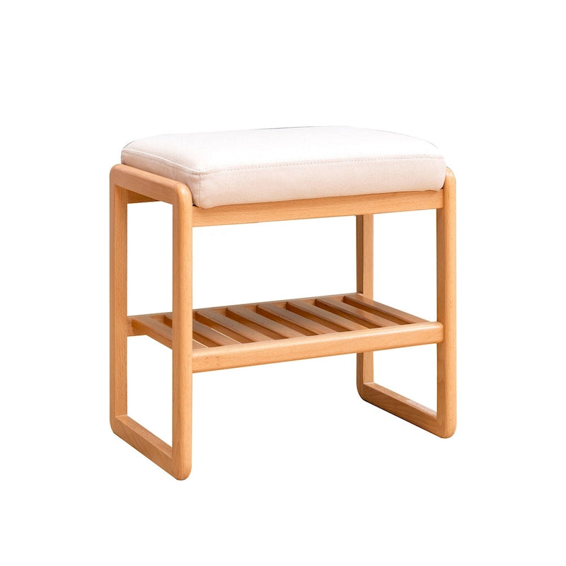 Banc de rangement pour chaussures en bois massif avec assise rembourrée et étagères inférieures ouvertes