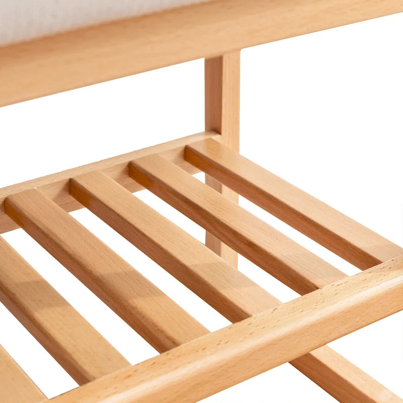 Banc de rangement pour chaussures en bois massif avec assise rembourrée et étagères inférieures ouvertes