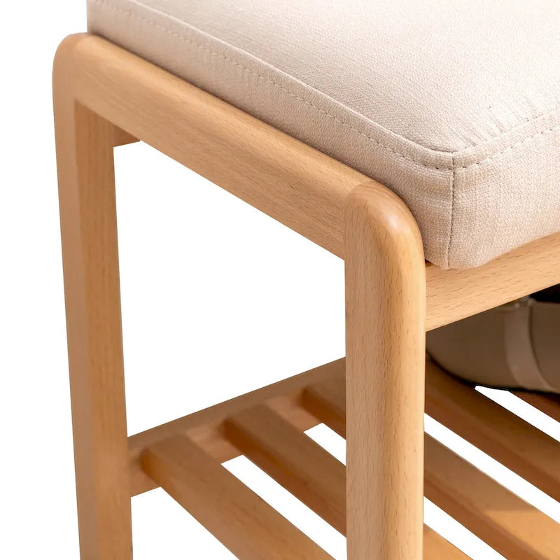 Banc de rangement pour chaussures en bois massif avec assise rembourrée et étagères inférieures ouvertes