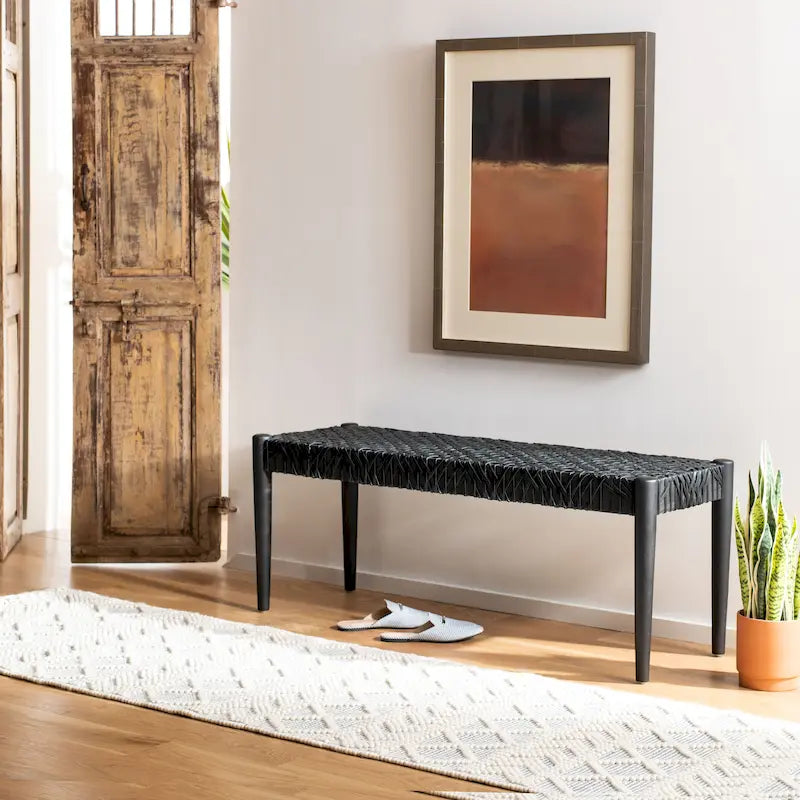 Banc d'appoint de 47 pouces avec cadre en bois et revêtement en cuir pour chambre ou salon