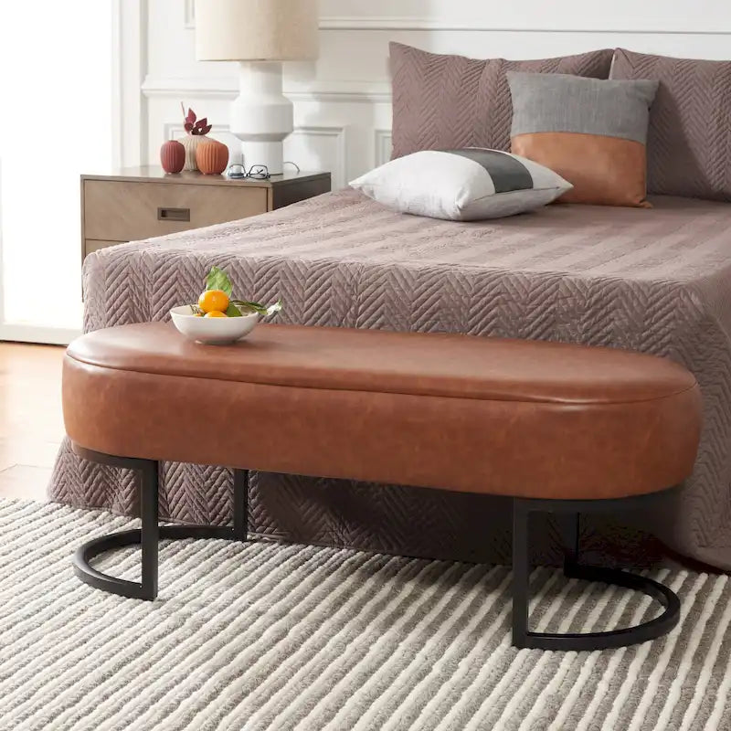 Banc d'appoint ovale capitonné de 50 pouces avec pieds en bois massif pour salon ou chambre à coucher