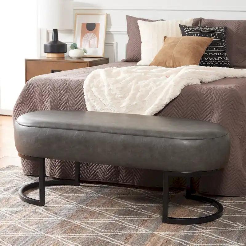 Banc d'appoint ovale capitonné de 50 pouces avec pieds en bois massif pour salon ou chambre à coucher