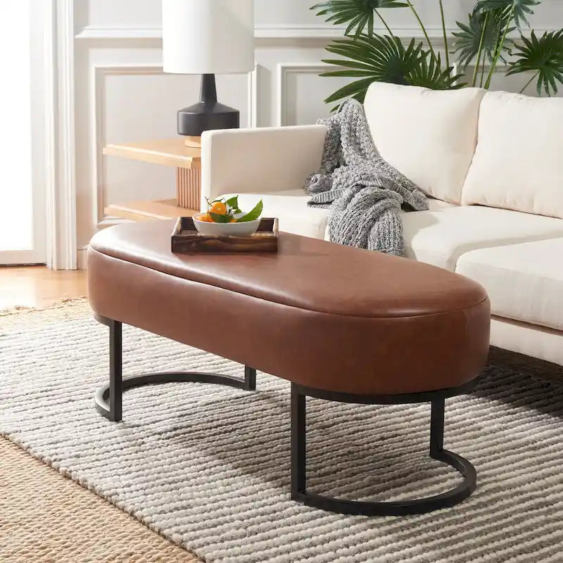 Banc d'appoint ovale capitonné de 50 pouces avec pieds en bois massif pour salon ou chambre à coucher