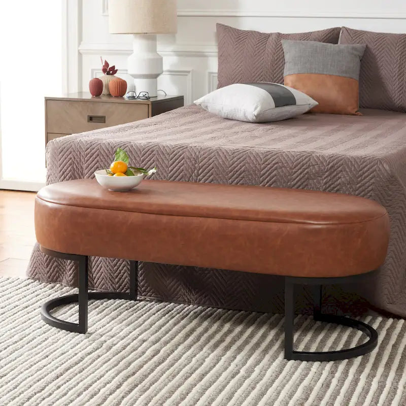 Banc d'appoint ovale capitonné de 50 pouces avec pieds en bois massif pour salon ou chambre à coucher