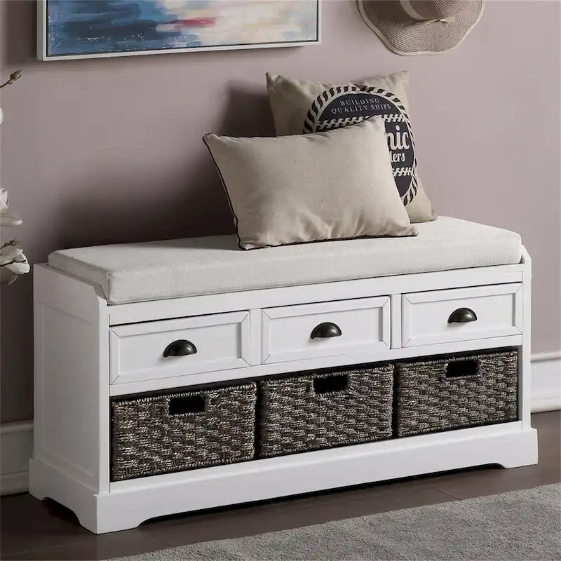 Banc de rangement en bois avec 3 tiroirs et 3 paniers