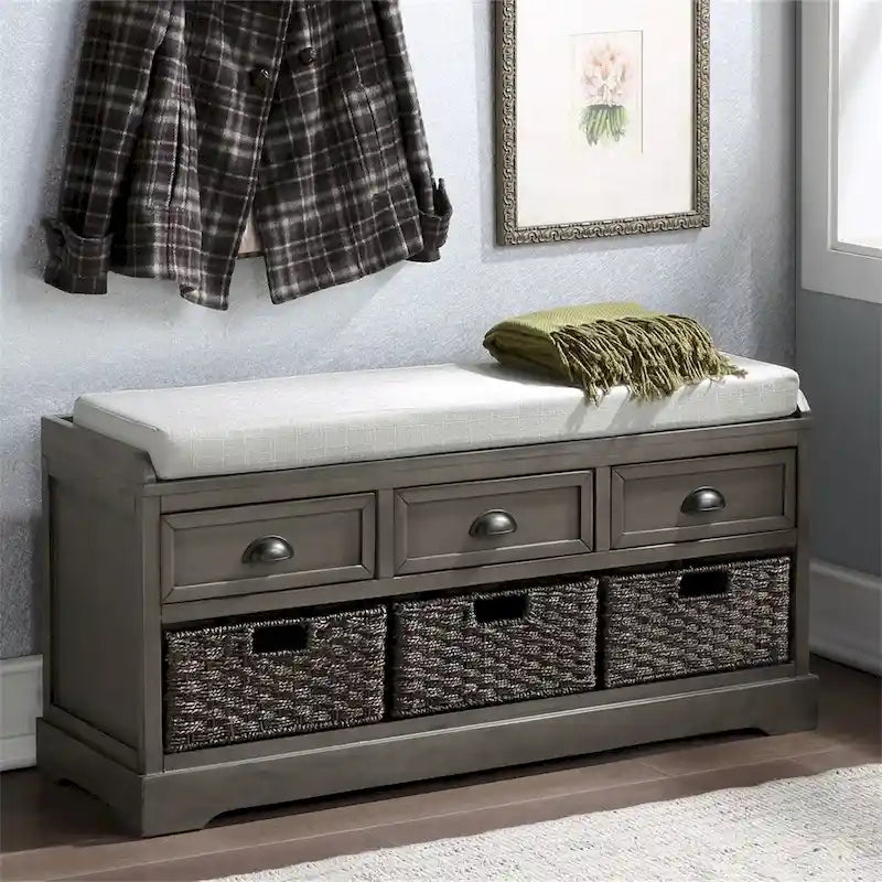 Banc de rangement en bois avec 3 tiroirs et 3 paniers