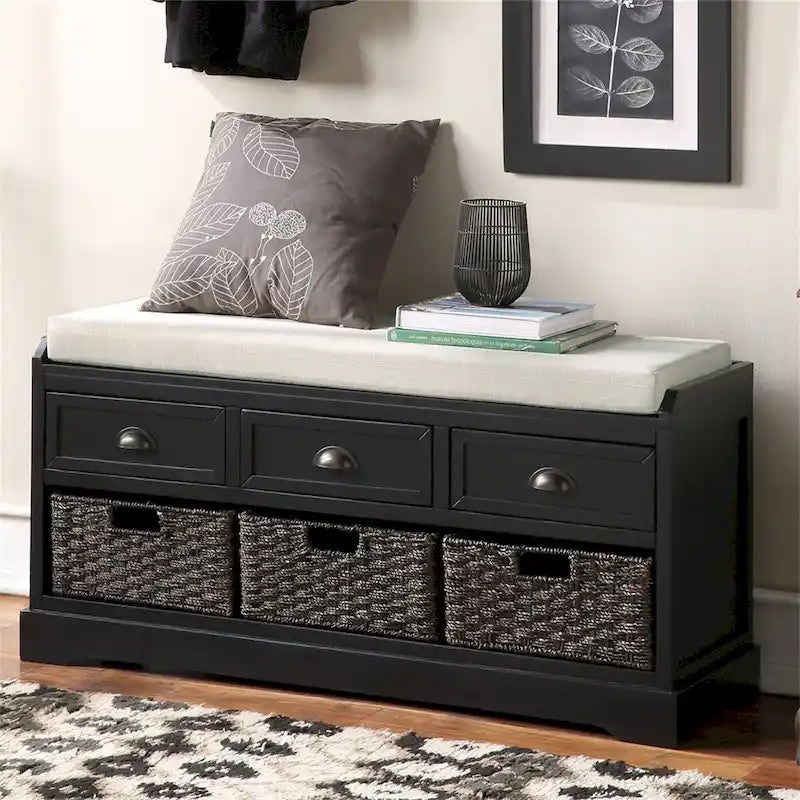 Banc de rangement en bois avec 3 tiroirs et 3 paniers