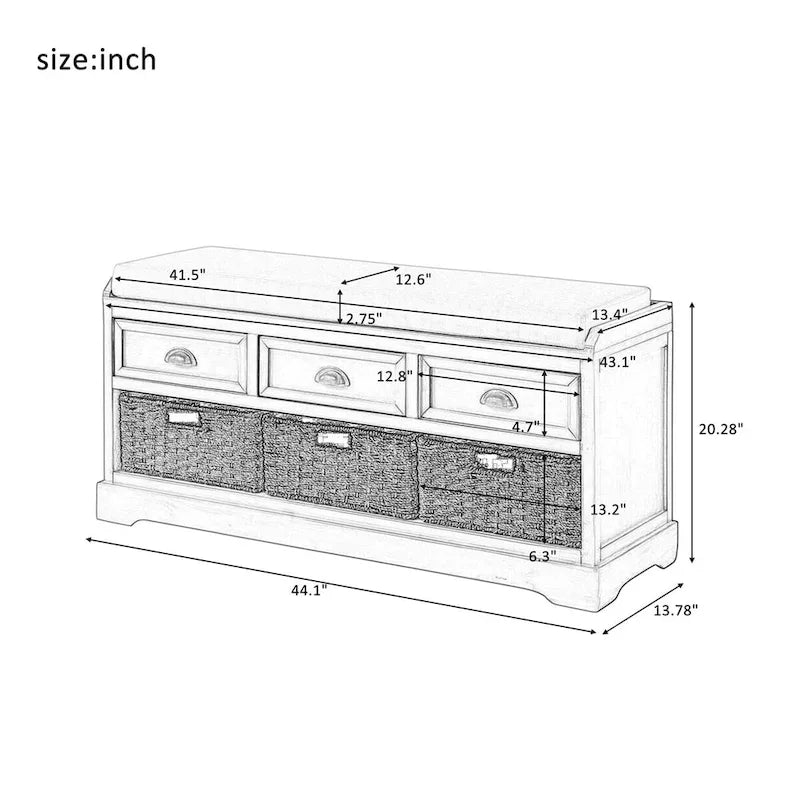 Banc de rangement en bois avec 3 tiroirs et 3 paniers