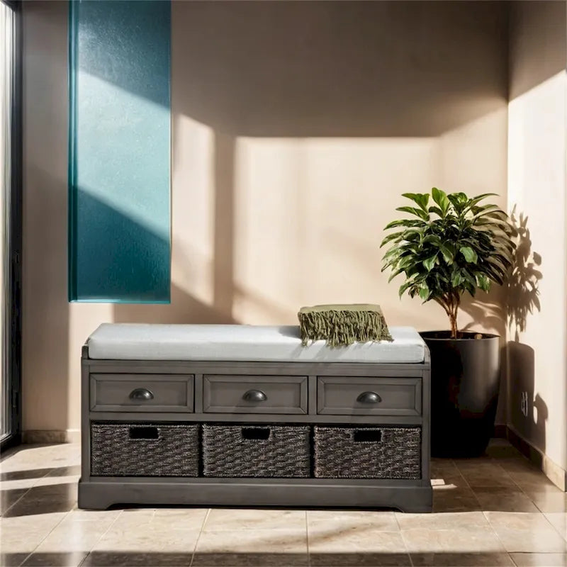 Banc de rangement en bois avec 3 tiroirs et 3 paniers