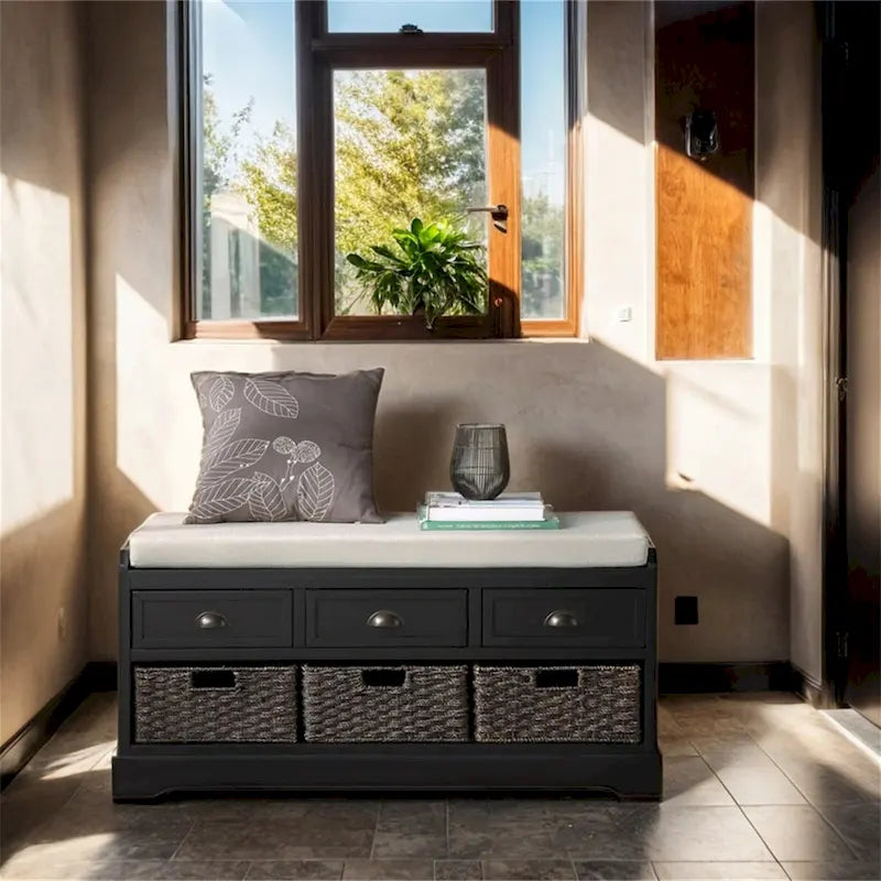 Banc de rangement en bois avec 3 tiroirs et 3 paniers