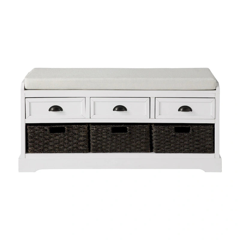 Banc de rangement en bois avec 3 tiroirs et 3 paniers