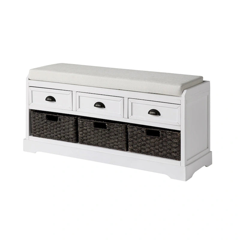 Banc de rangement en bois avec 3 tiroirs et 3 paniers