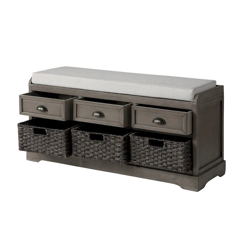 Banc de rangement en bois avec 3 tiroirs et 3 paniers
