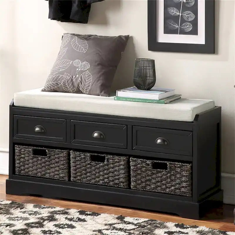 Banc de rangement en bois avec 3 tiroirs et 3 paniers
