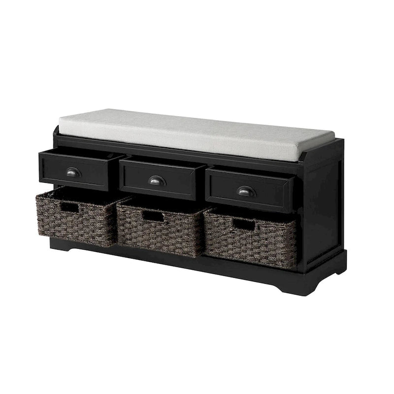 Banc de rangement en bois avec 3 tiroirs et 3 paniers