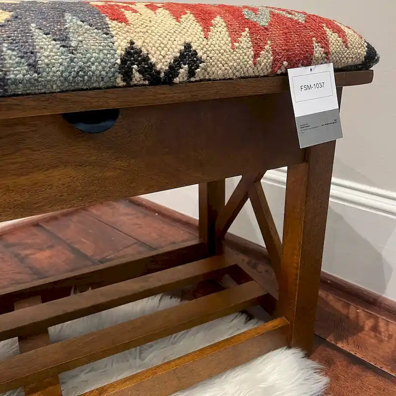 Banc rembourré en kilim fait main avec tiroirs - 14 x 19 x 47