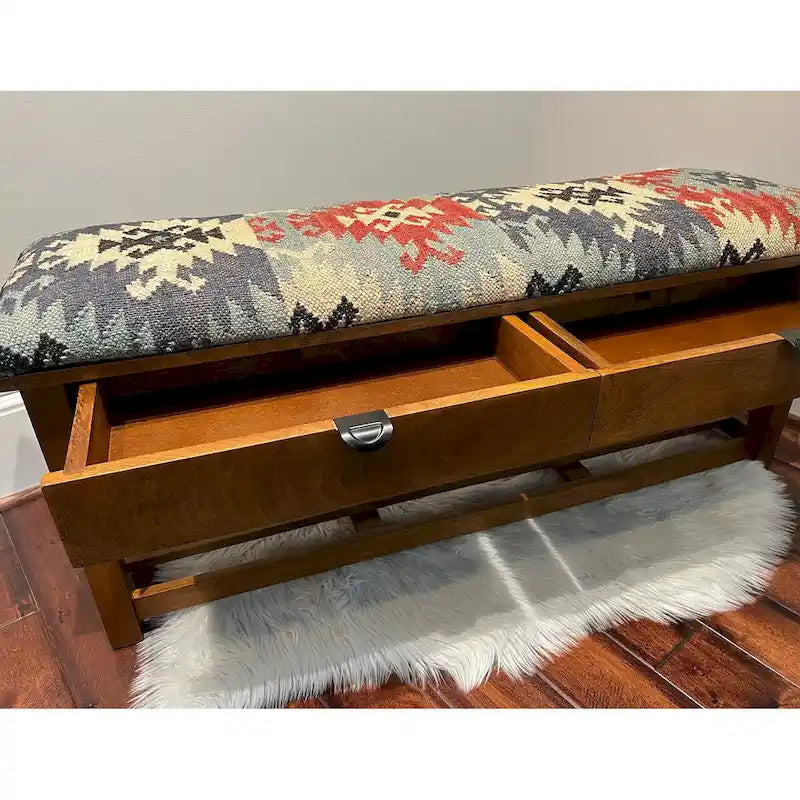 Banc rembourré en kilim fait main avec tiroirs - 14 x 19 x 47