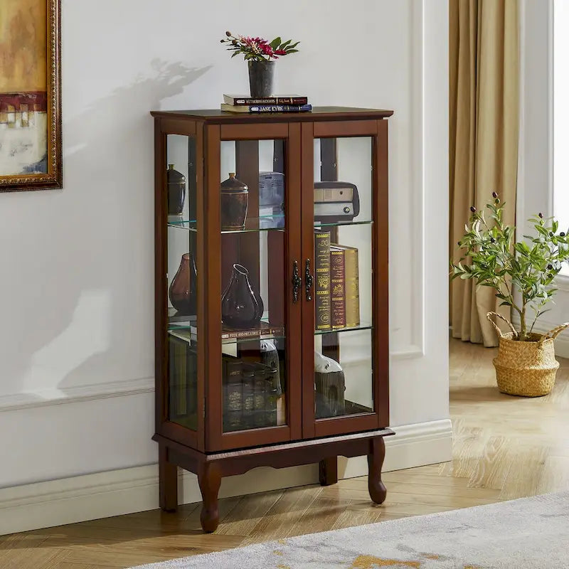 Vitrine lumineuse, vitrine avec étagères réglables et panneau arrière en miroir, portes en verre trempé