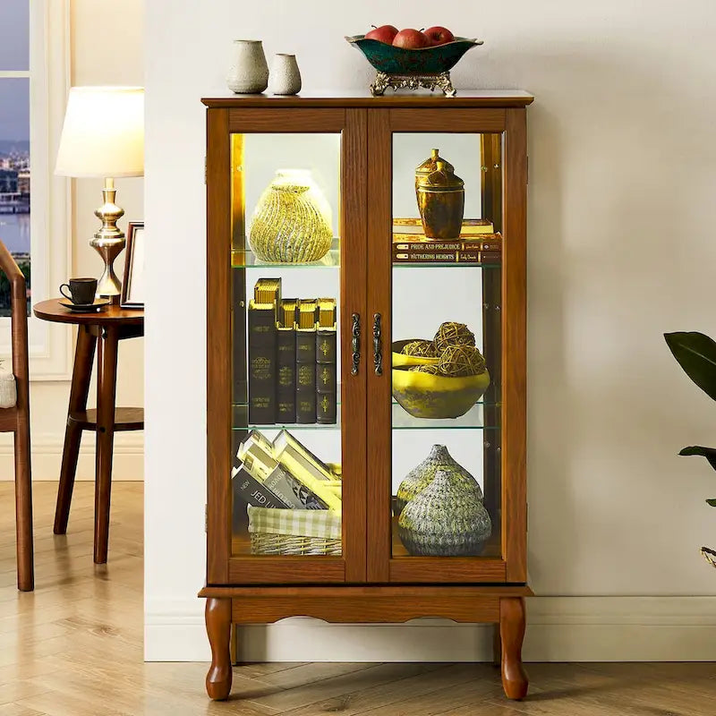 Vitrine lumineuse, vitrine avec étagères réglables et panneau arrière en miroir, portes en verre trempé