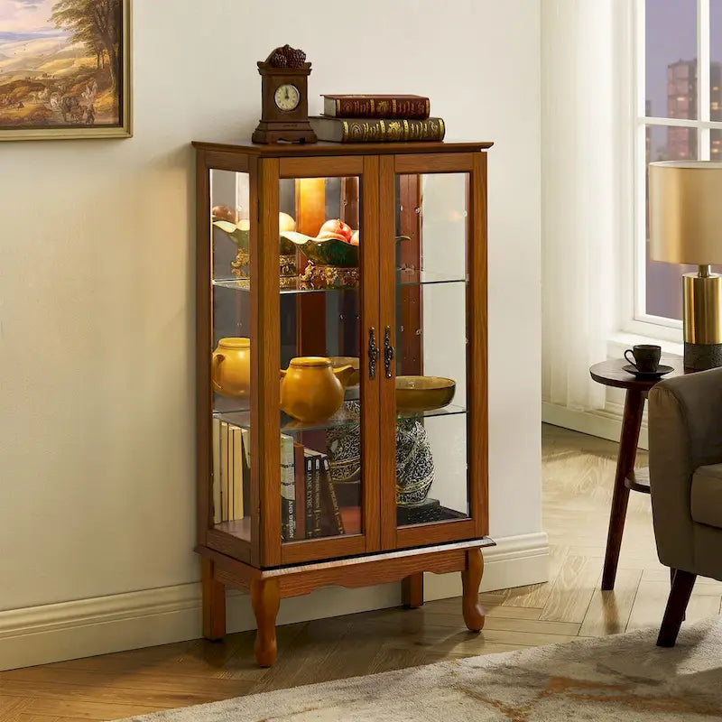 Vitrine lumineuse, vitrine avec étagères réglables et panneau arrière en miroir, portes en verre trempé