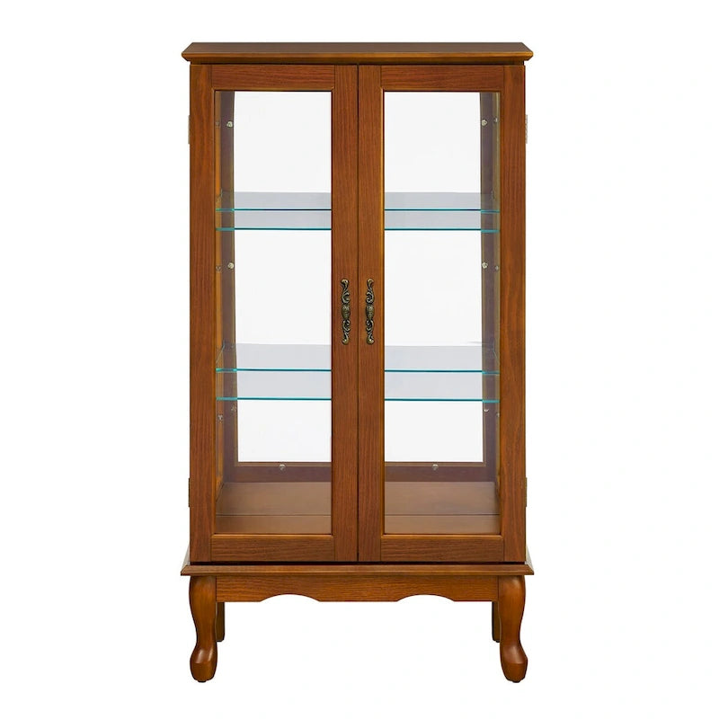 Vitrine lumineuse, vitrine avec étagères réglables et panneau arrière en miroir, portes en verre trempé