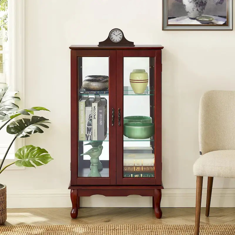 Vitrine lumineuse, vitrine avec étagères réglables et panneau arrière en miroir, portes en verre trempé