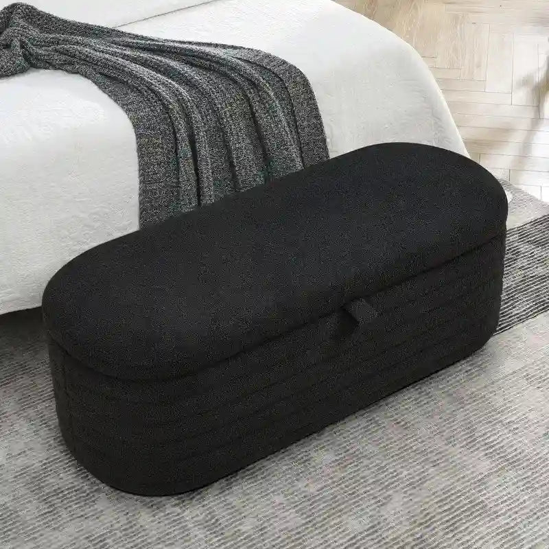 Banc de rangement rembourré en tissu avec couvercle à ouverture relevable et garnissage en mousse