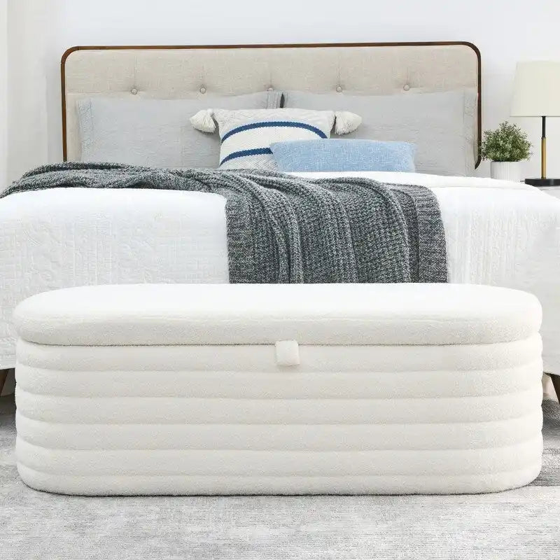 Banc de rangement rembourré en tissu avec couvercle à ouverture relevable et garnissage en mousse