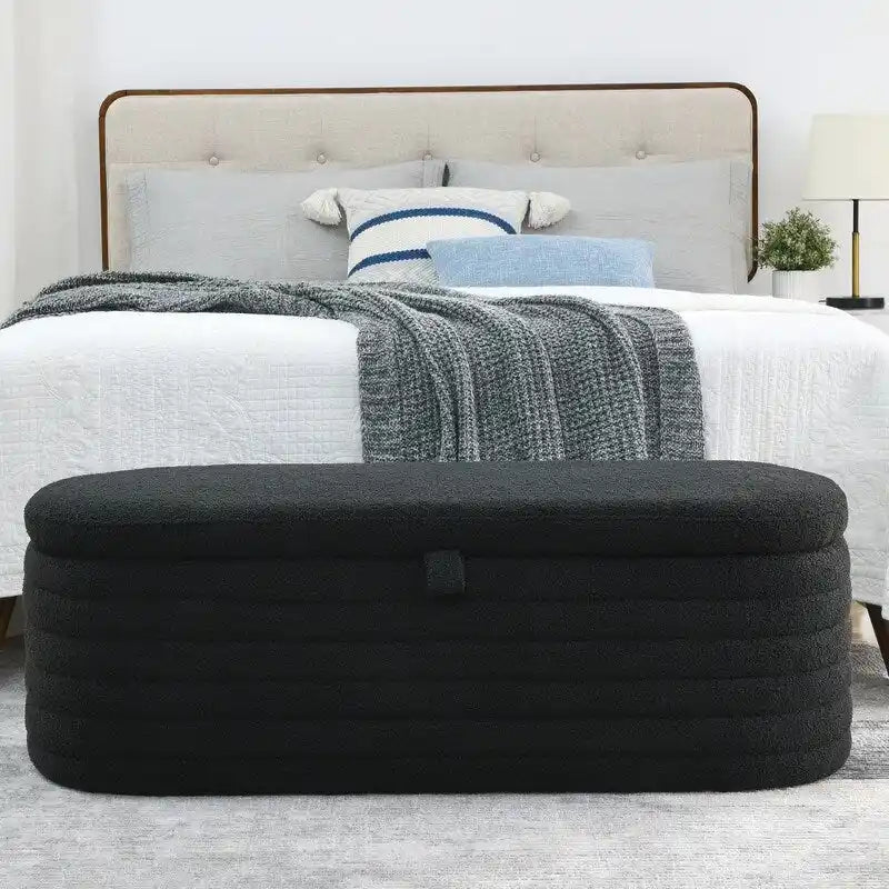 Banc de rangement rembourré en tissu avec couvercle à ouverture relevable et garnissage en mousse