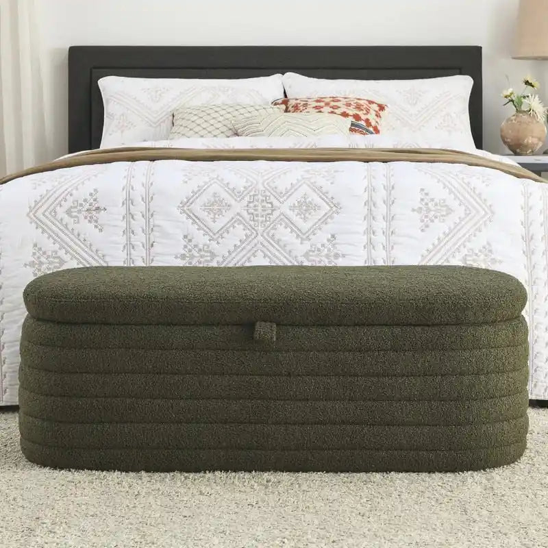 Banc de rangement rembourré en tissu avec couvercle à ouverture relevable et garnissage en mousse