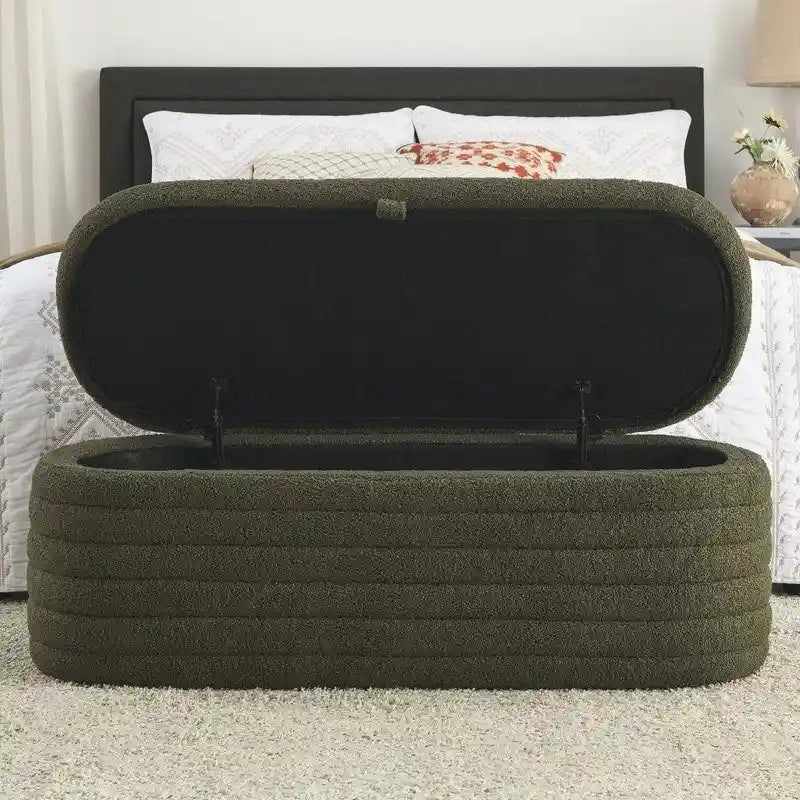 Banc de rangement rembourré en tissu avec couvercle à ouverture relevable et garnissage en mousse