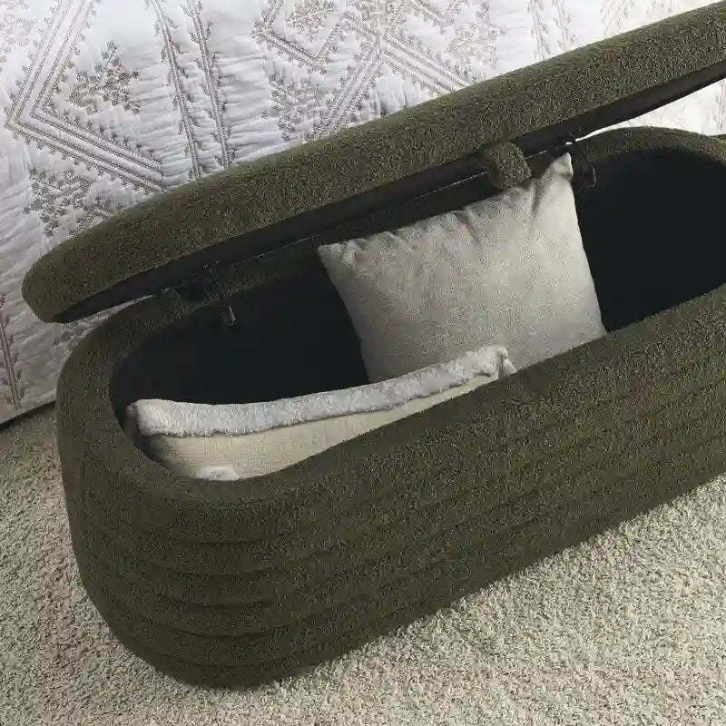 Banc de rangement rembourré en tissu avec couvercle à ouverture relevable et garnissage en mousse