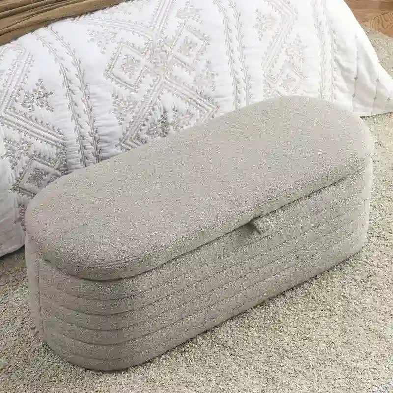 Banc de rangement rembourré en tissu avec couvercle à ouverture relevable et garnissage en mousse