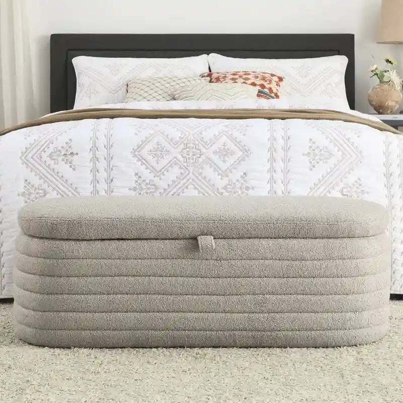 Banc de rangement rembourré en tissu avec couvercle à ouverture relevable et garnissage en mousse