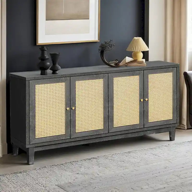 Panneaux en grain de bois fabriqués à la main, buffet en rotin, meuble de rangement décoratif avec 4 portes en rotin