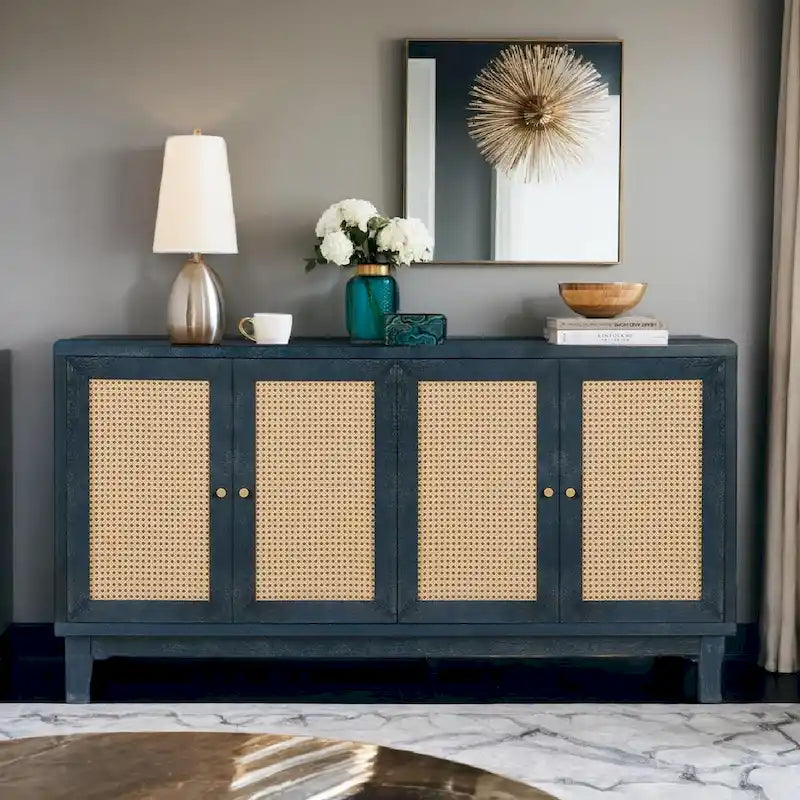 Panneaux en grain de bois fabriqués à la main, buffet en rotin, meuble de rangement décoratif avec 4 portes en rotin