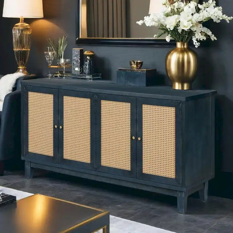 Panneaux en grain de bois fabriqués à la main, buffet en rotin, meuble de rangement décoratif avec 4 portes en rotin